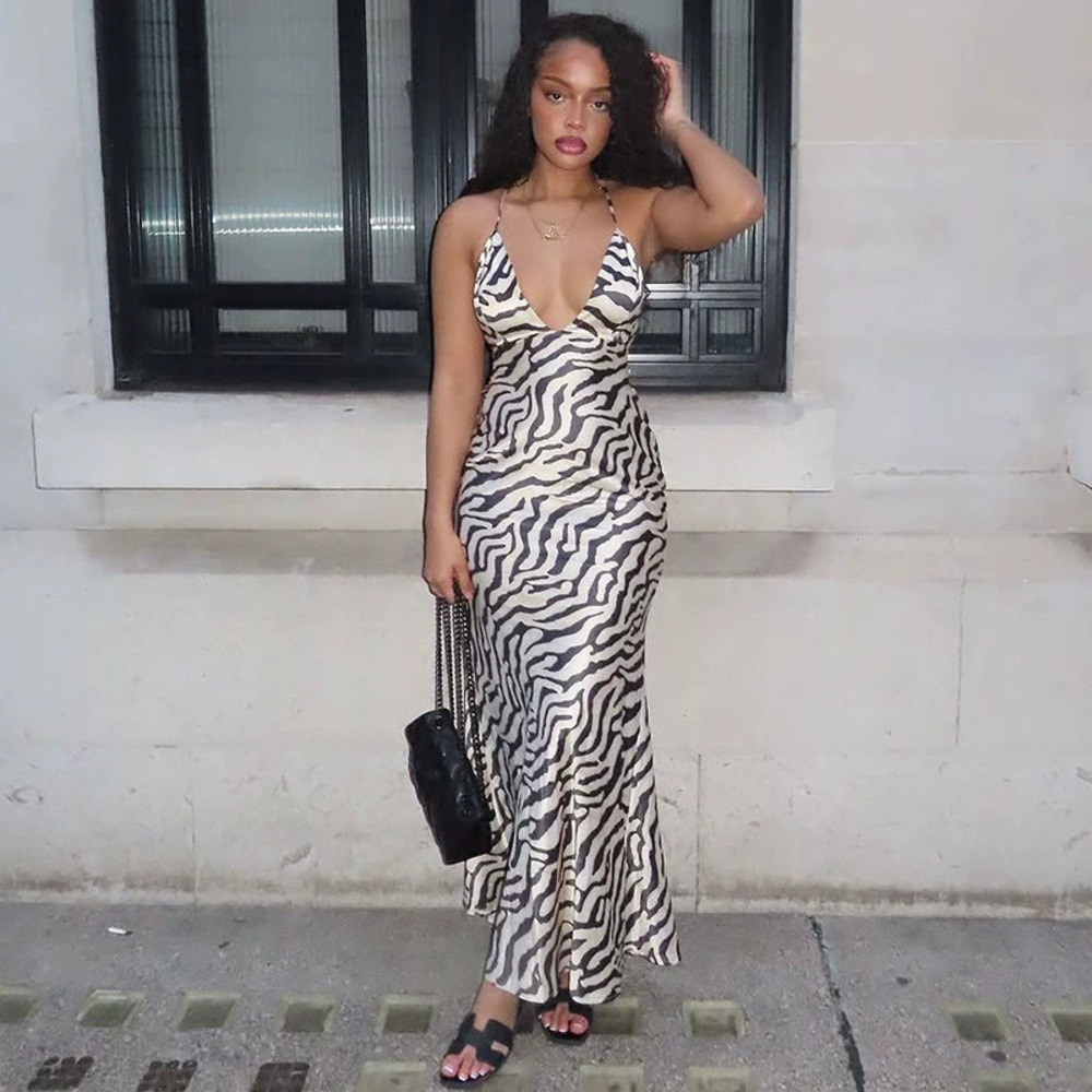 ZARA Chic Black White Loungewear Print Halter Bodycon Plunge Summer Maxi Dress